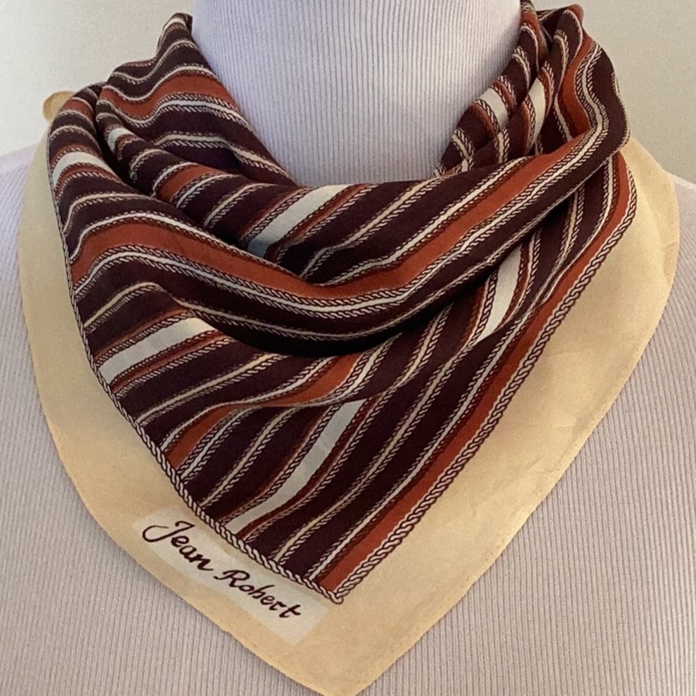 Jean Robert 20” square neck scarf in earth tones polyester.